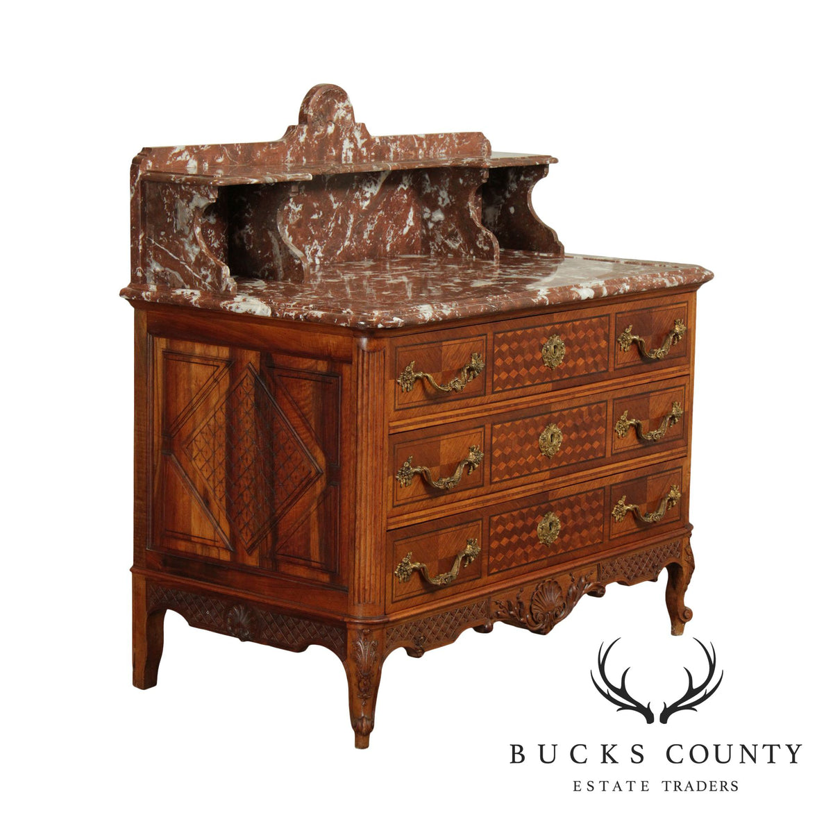 Fine Antique French Louis XV Walnut Marble Top Parquetry Inlaid Commode Wash Stand