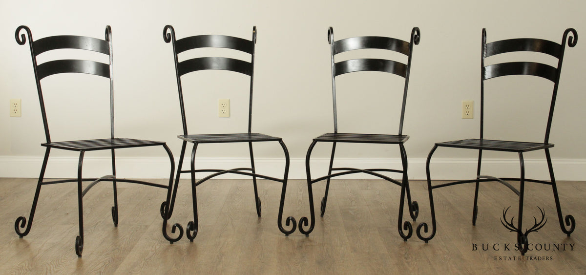 Quality Wrought Iron Five Piece Dining Bistro Set, Round Table & 4 Chairs