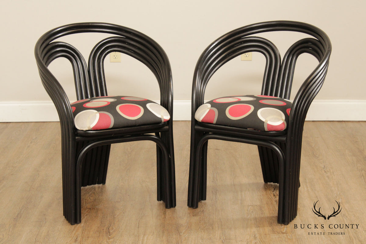 Vintage Art Deco Style Pair Black Lacquer Bentwood Rattan Armchairs