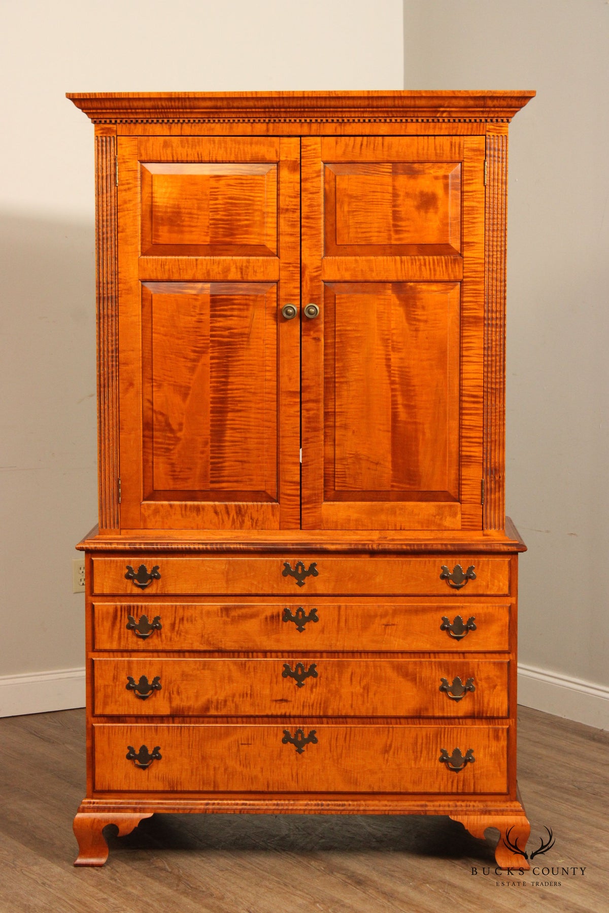 The Federalist Chippendale Style Large Tiger Maple Armoire