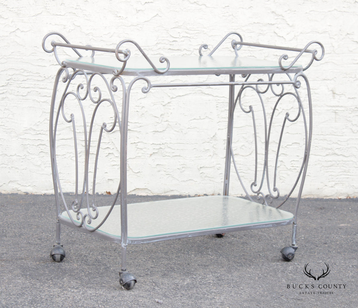 French Style Vintage Wrought Iron Scroll Two-Tier Outdoor Bar or Serving Cart