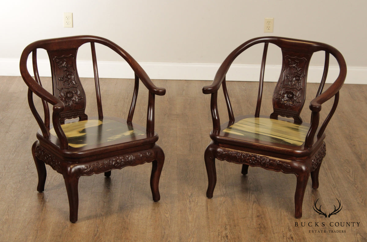 Chinese Pair Marble & Hardwood Horseshoe Chairs