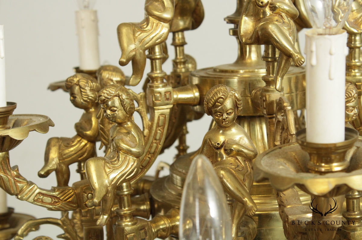Vintage Rococo Style Heavy Brass Figural Putti Chandelier