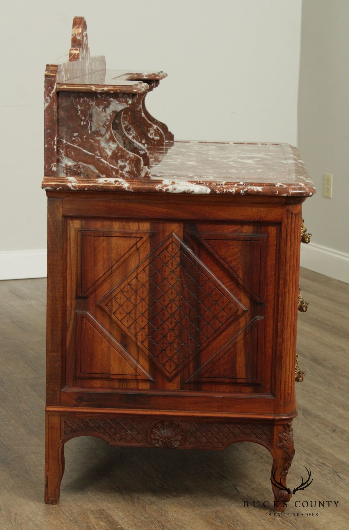 Fine Antique French Louis XV Walnut Marble Top Parquetry Inlaid Commode Wash Stand