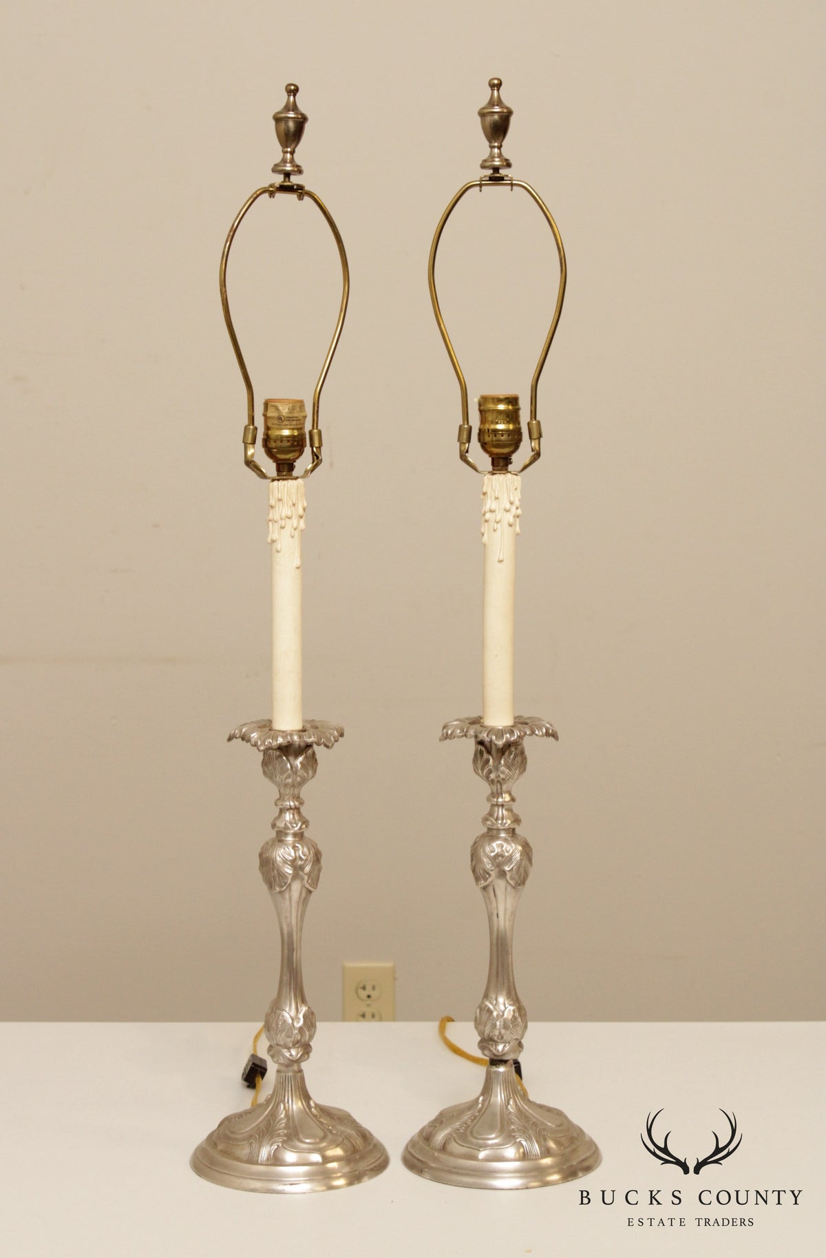 Rococo Style Pair Silvered Brass Candlestick Table Lamps