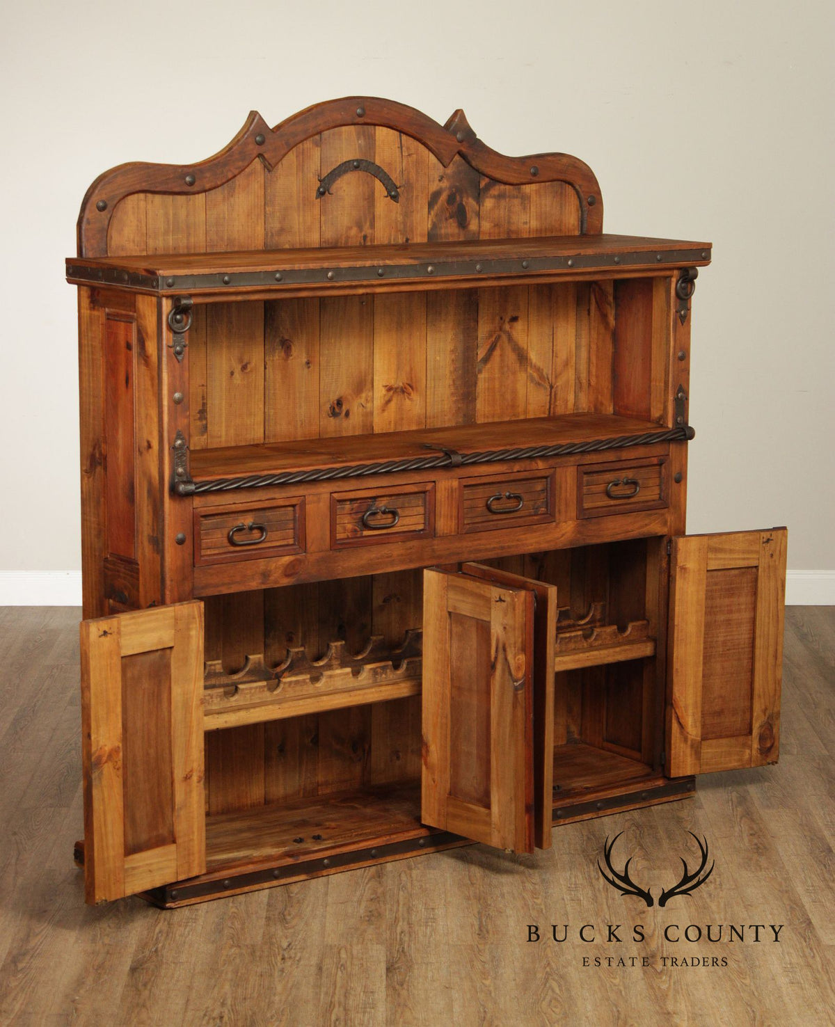 Rustic Spanish Colonial Style Pine Iron Mounted Sideboard Hutch