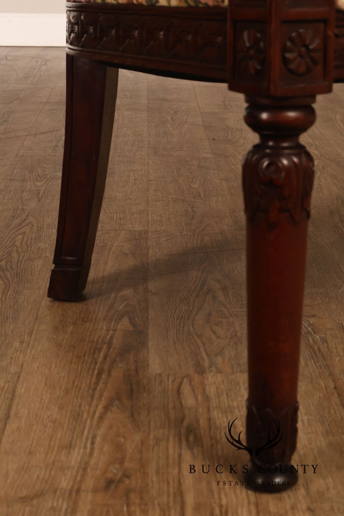 Pair Of Carved Mahogany Ram’s Head Upholstered Armchairs