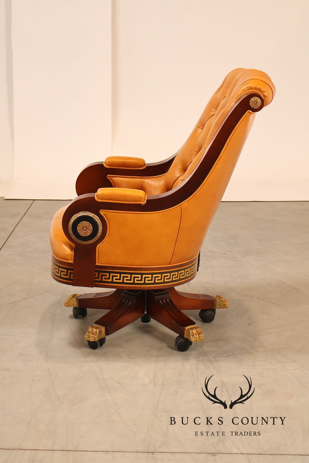 Mariner Leather Swivel Office Chair With Tufted Back And Carved Mahogany Base