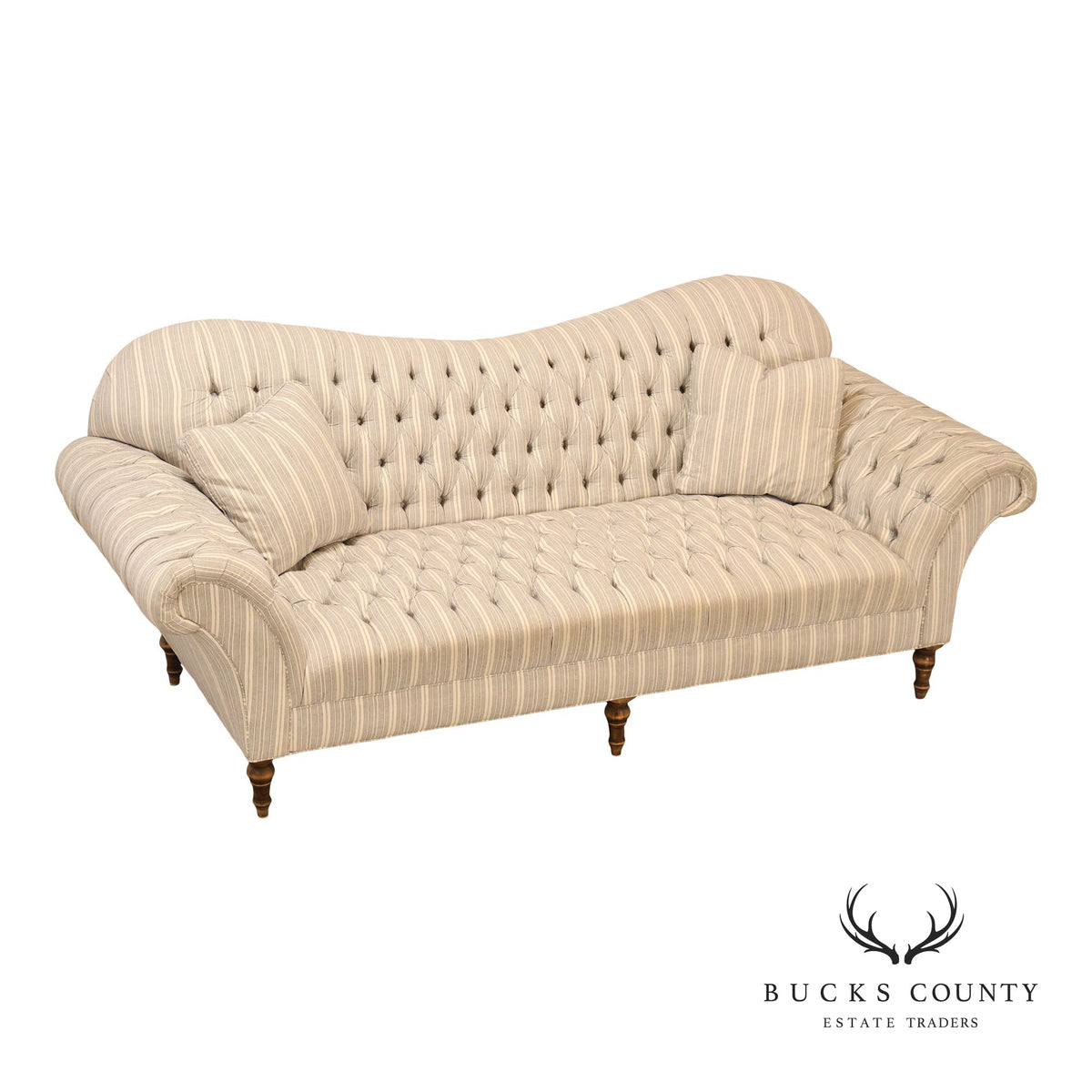 Cambridge Collection Tufted Blue And White Striped Upholstered Sofa