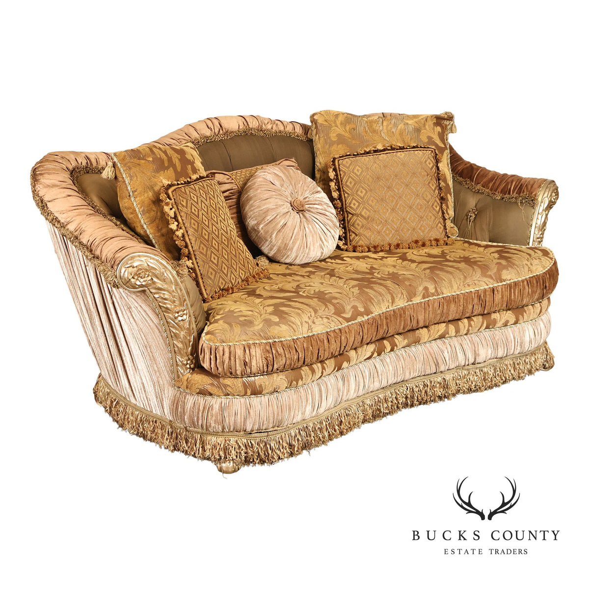 Tufted Rococo Camelback Sofa With Carved Gilt Trim