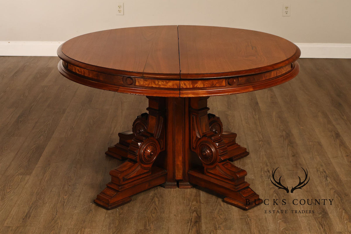 Antique Victorian Renaissance Revival Round Walnut Split Pedestal Extension Dining Table
