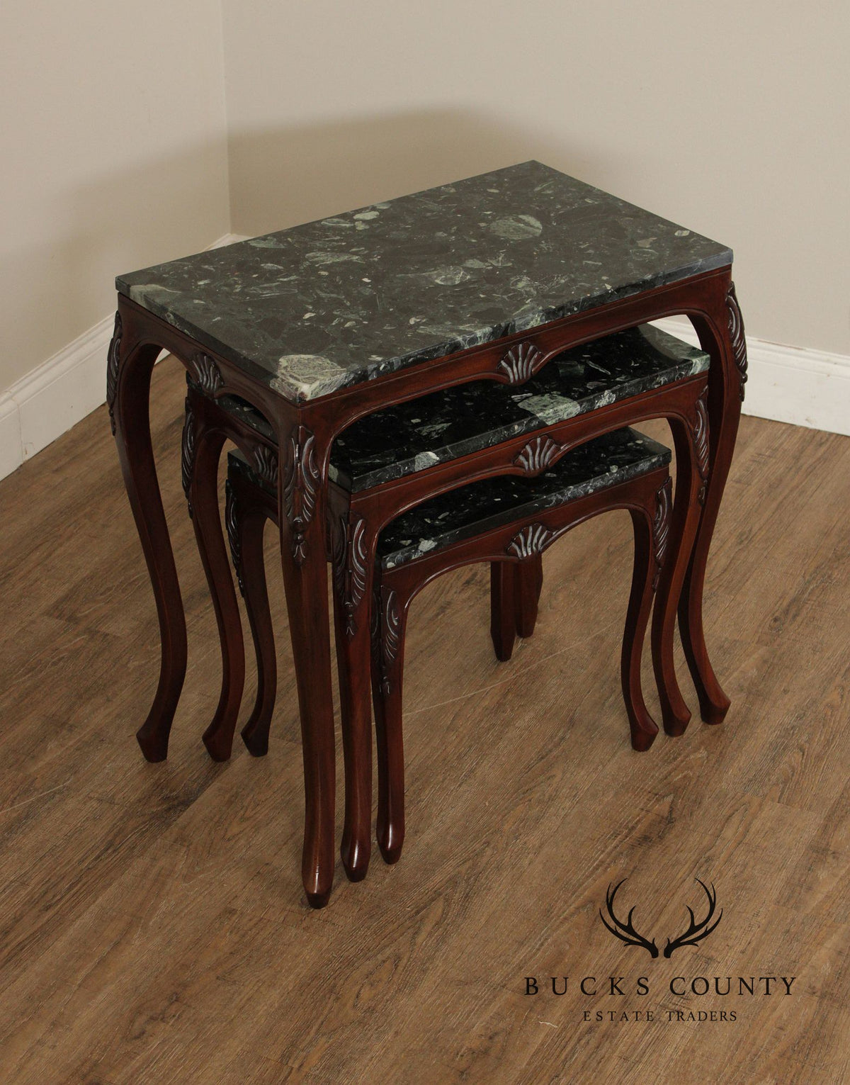 Rococo Style Set of Three Marble Top Mahogany Nesting Tables