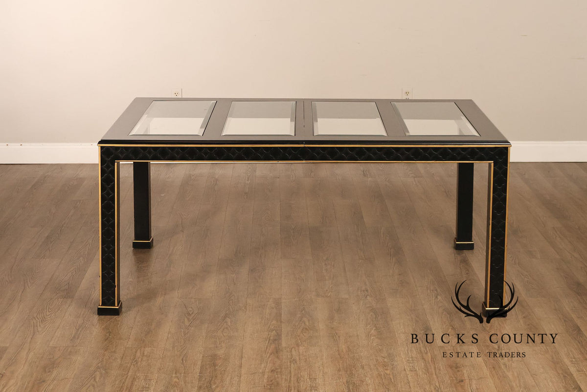Chinese Chippendale Black Lacquered Dining Table With Two Leaves, Inset Glass