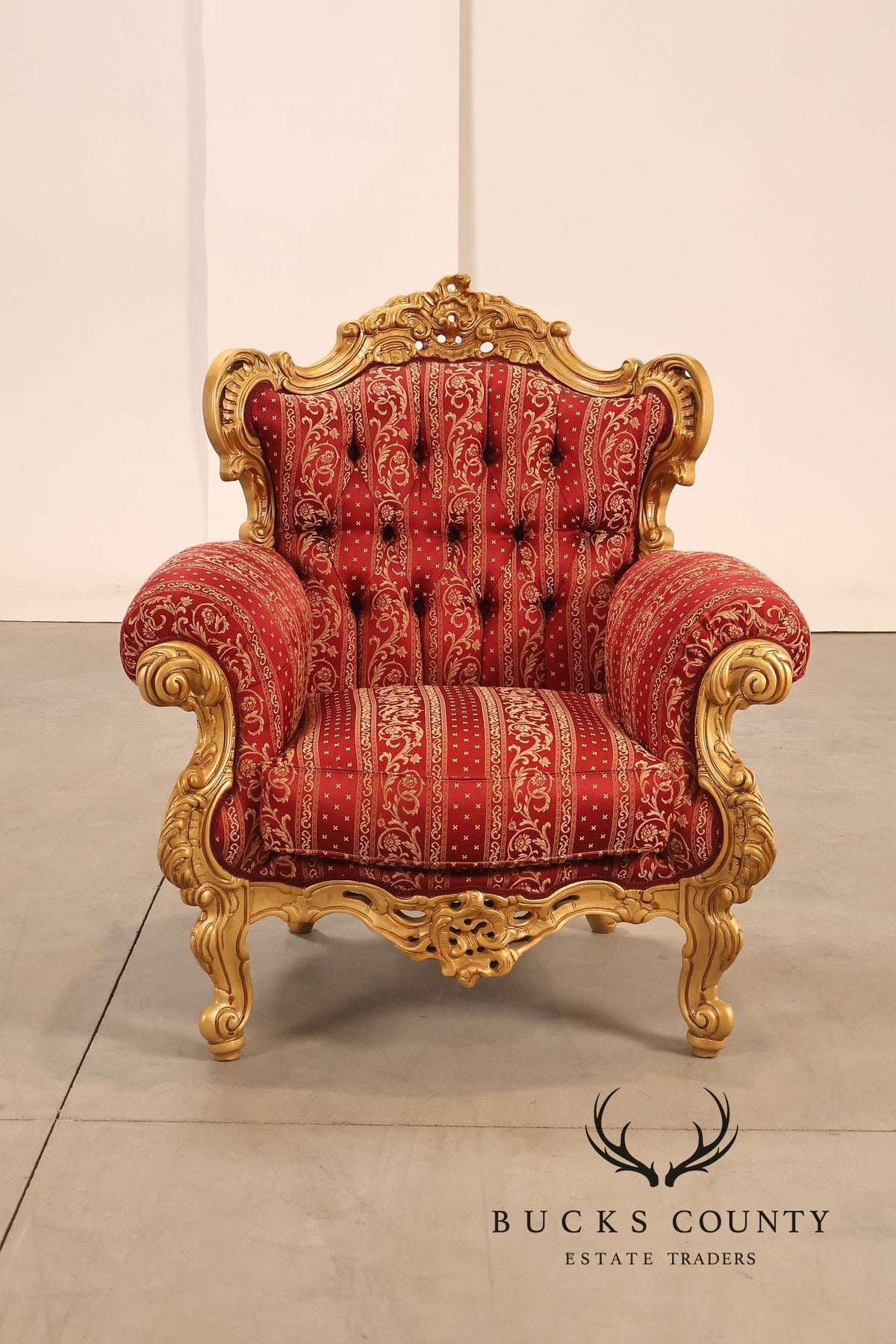 Baroque Style Pair Of Giltwood Armchairs With Red Damask Upholstery