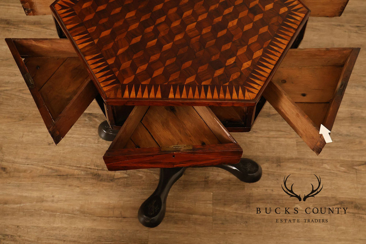 Antique British Colonial Game Table Geometric Wood Inlay