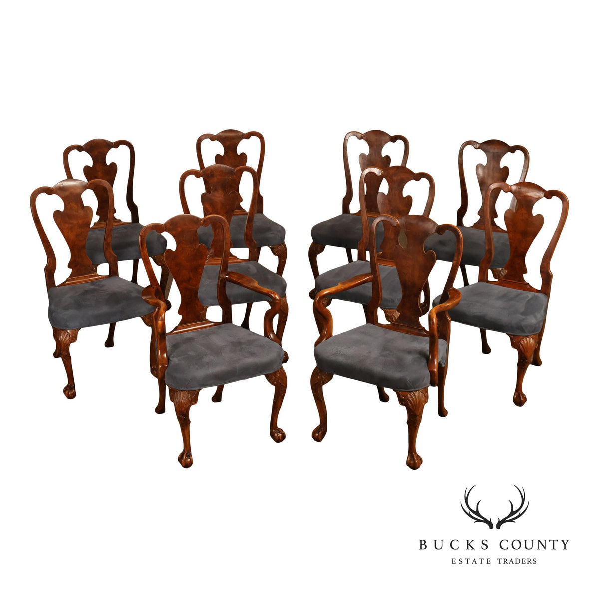 Georgian Style Set of Ten Carved Burlwood Dining Chairs