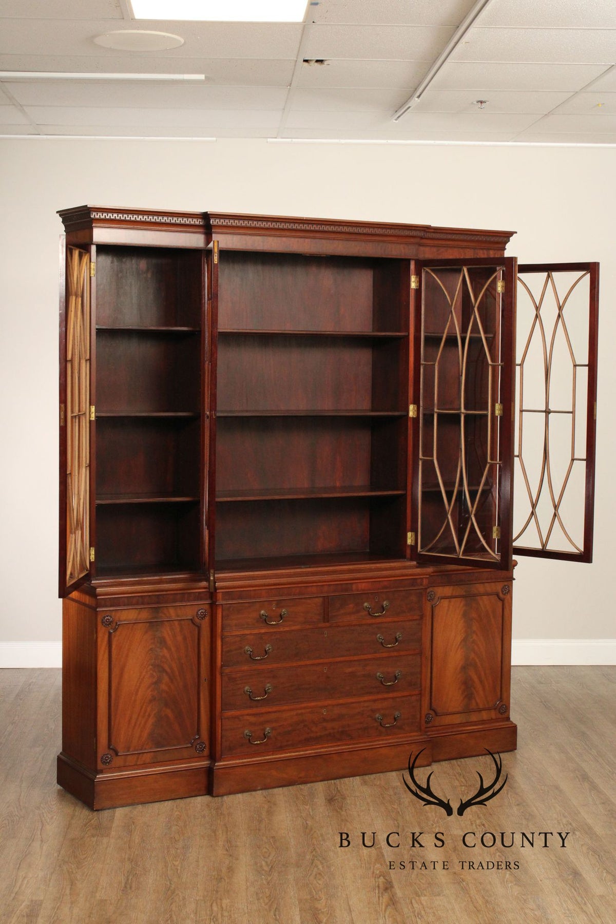 Regency Style Mahogany Breakfront Bookcase Cabinet