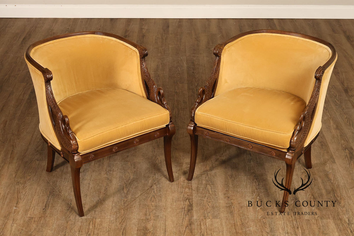 Pair Of French Empire Style Carved Mahogany Swan Motif Barrel Back Club Chairs In Gold Velvet