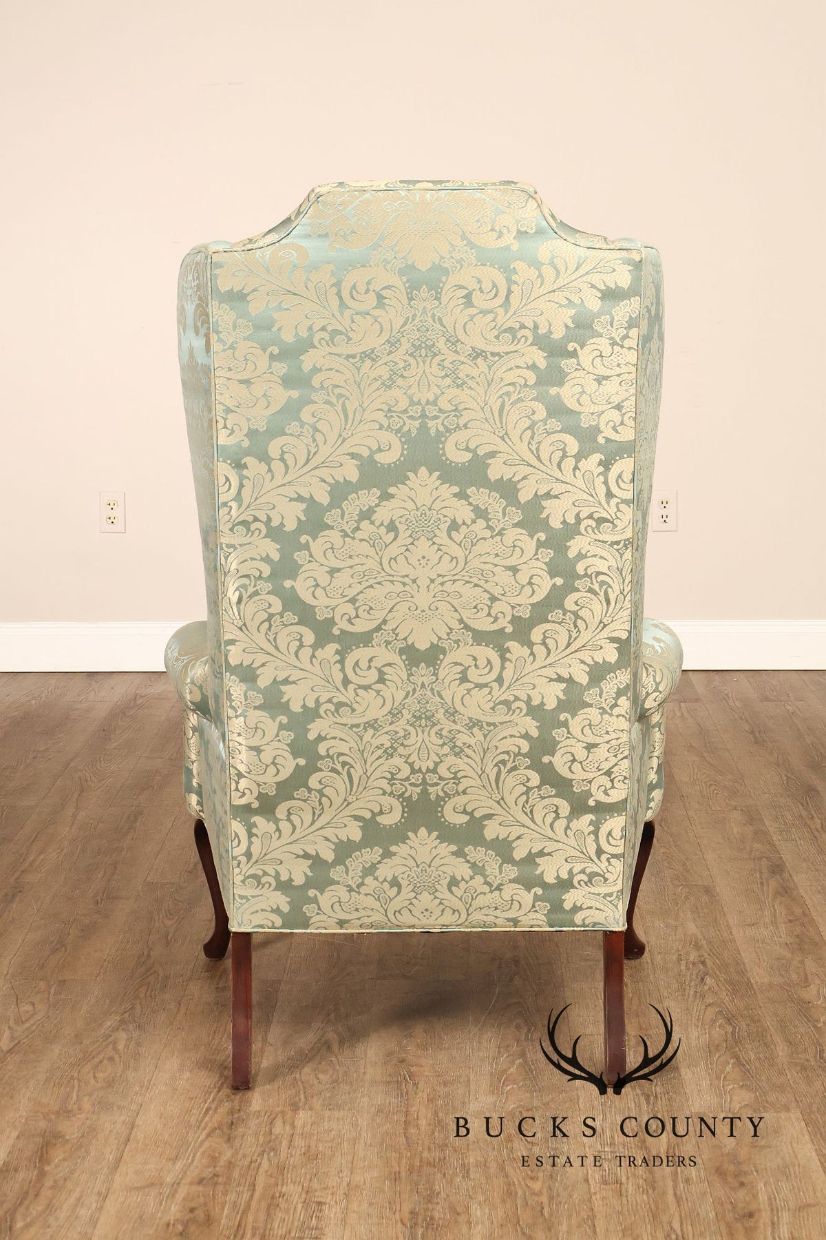 Quality Vintage Pair Of High Back Damask Upholstered Wing Chairs