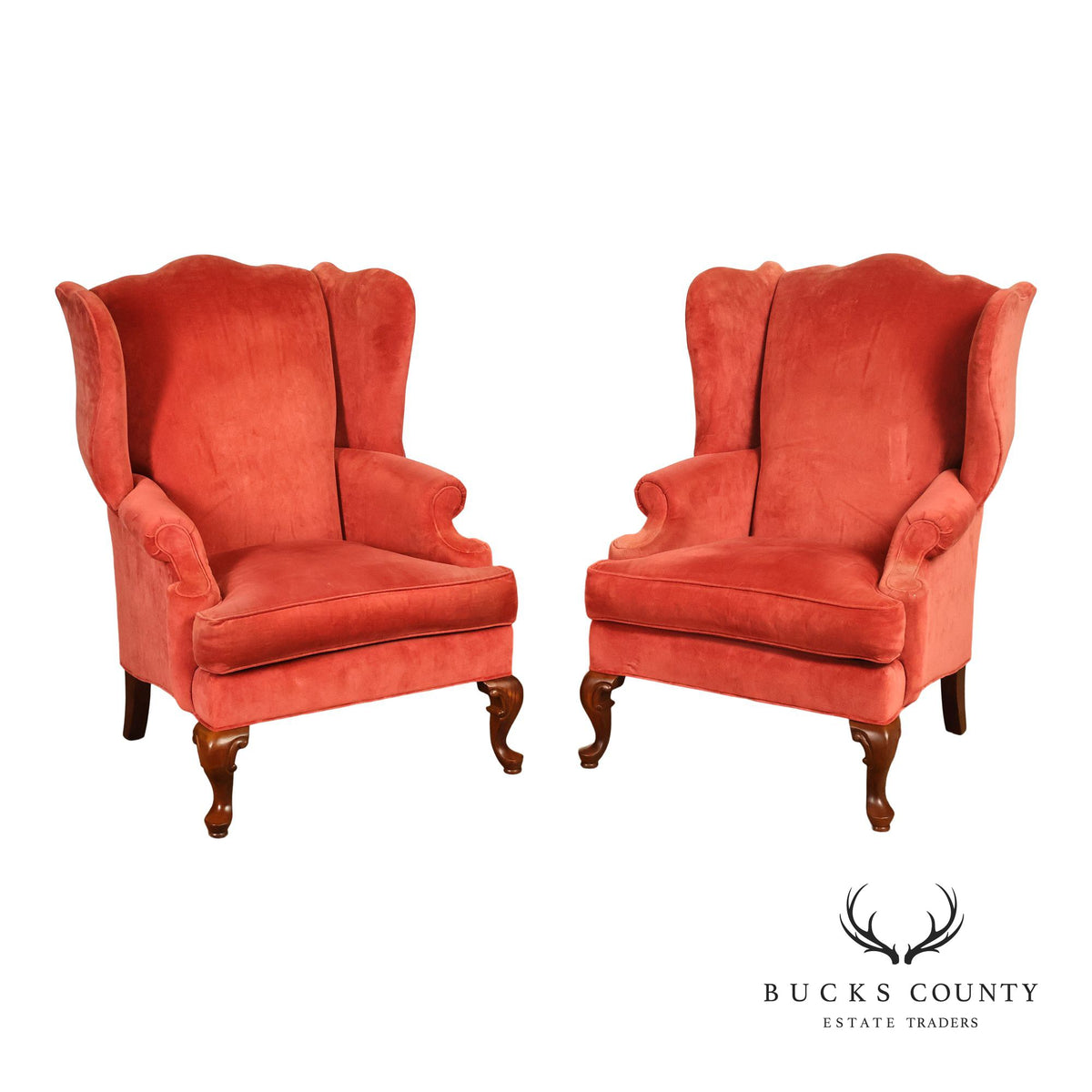 Thomasville Pair Of Traditional Coral Velvet Wingback Chairs
