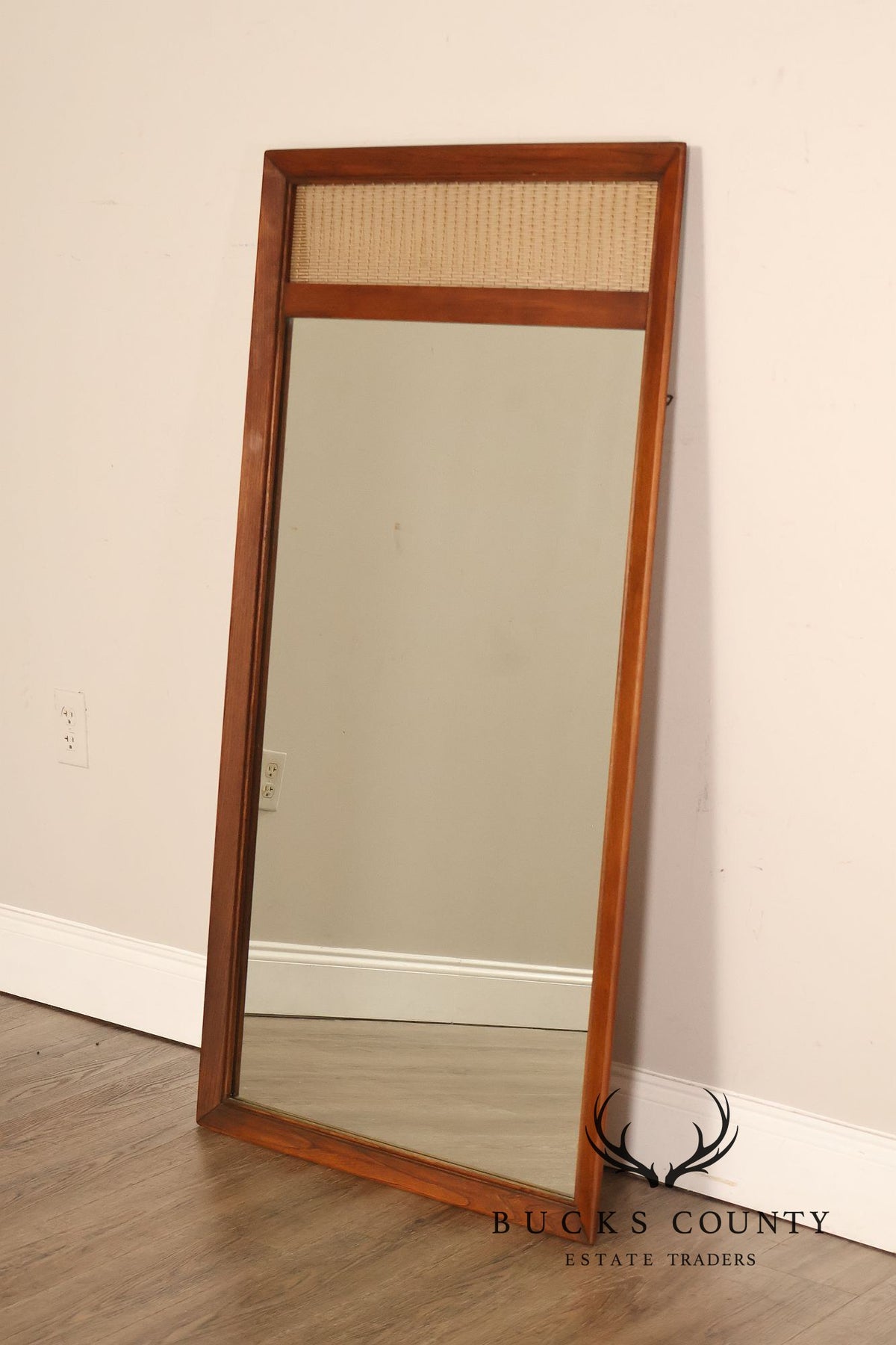Mid Century Modern Pair of Walnut and Woven Brass Wall Mirrors