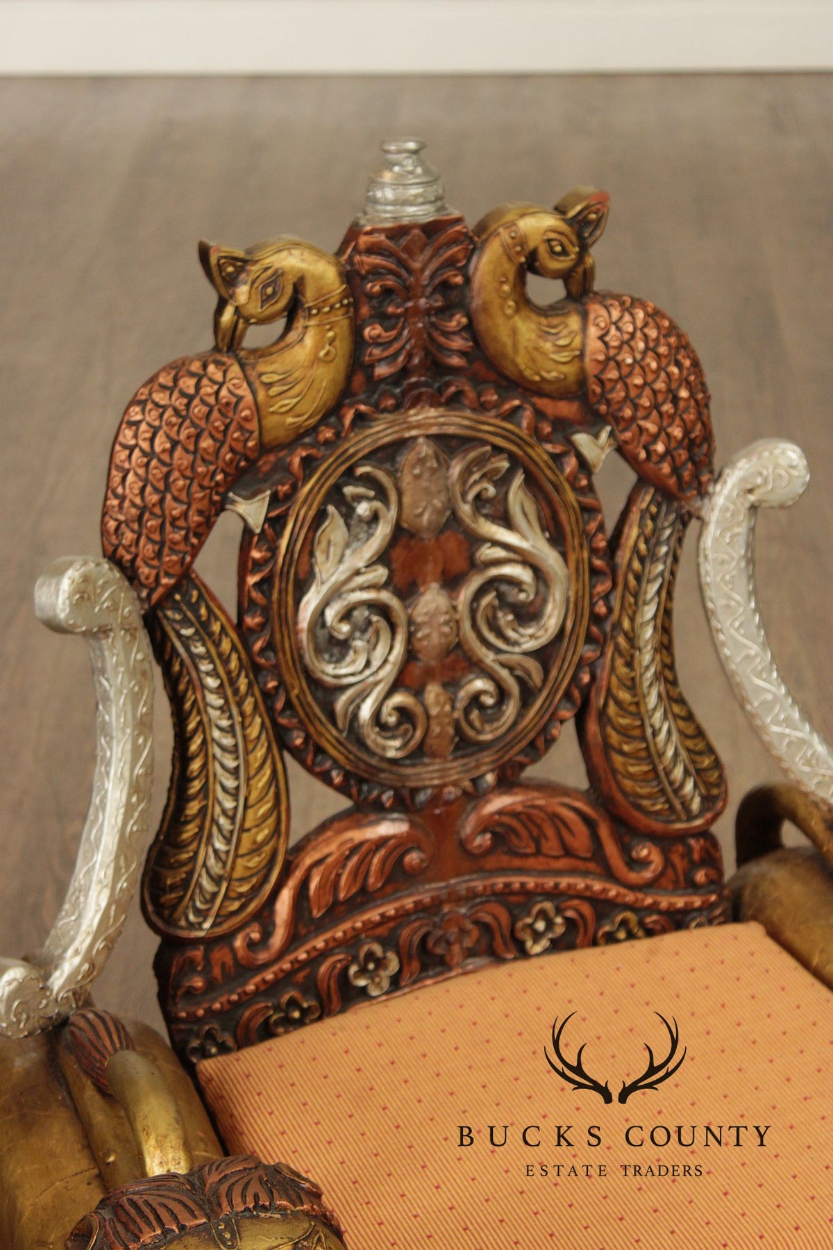 Hand Carved Painted And Gilt Lion And Peacock Motif Pair Of Throne Chairs
