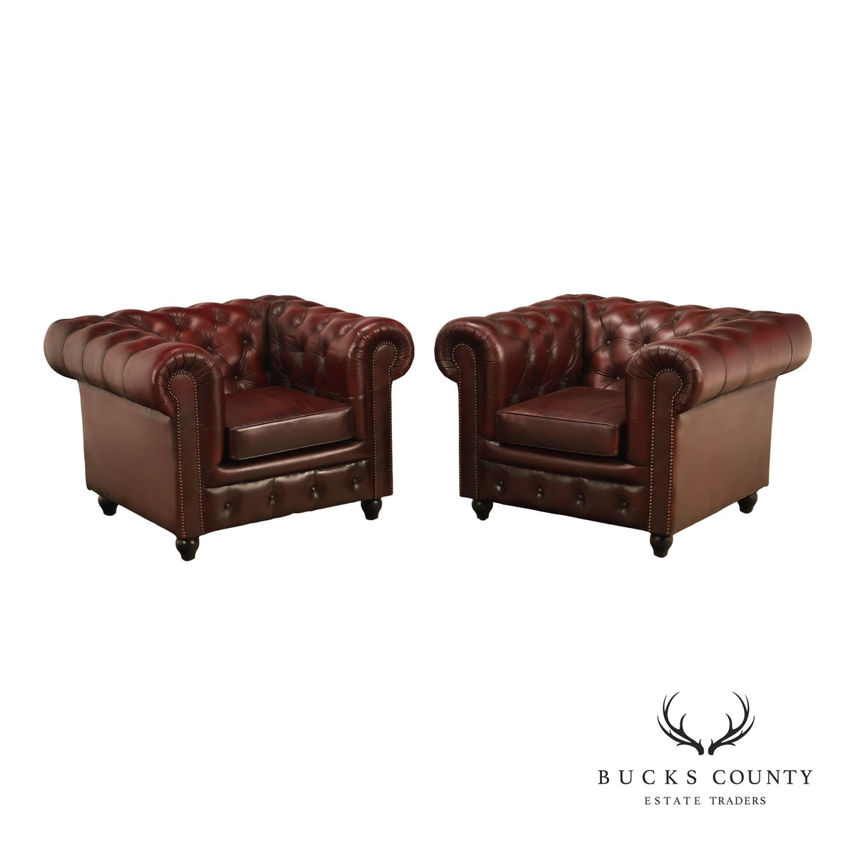 Chesterfield Style Pair Of Oxford Red Tufted Leather Club Chairs