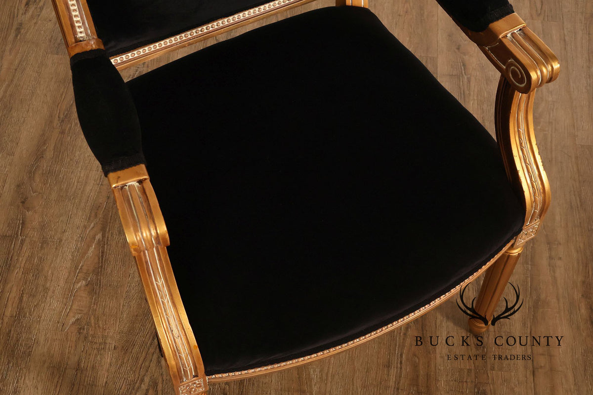 Louis XVI Style Giltwood Armchair With Black Upholstery