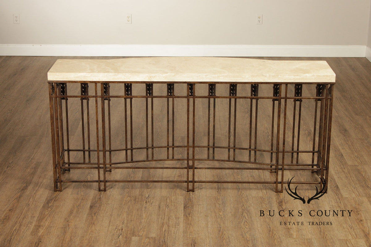 Wrought Iron Travertine Top Long Console Table