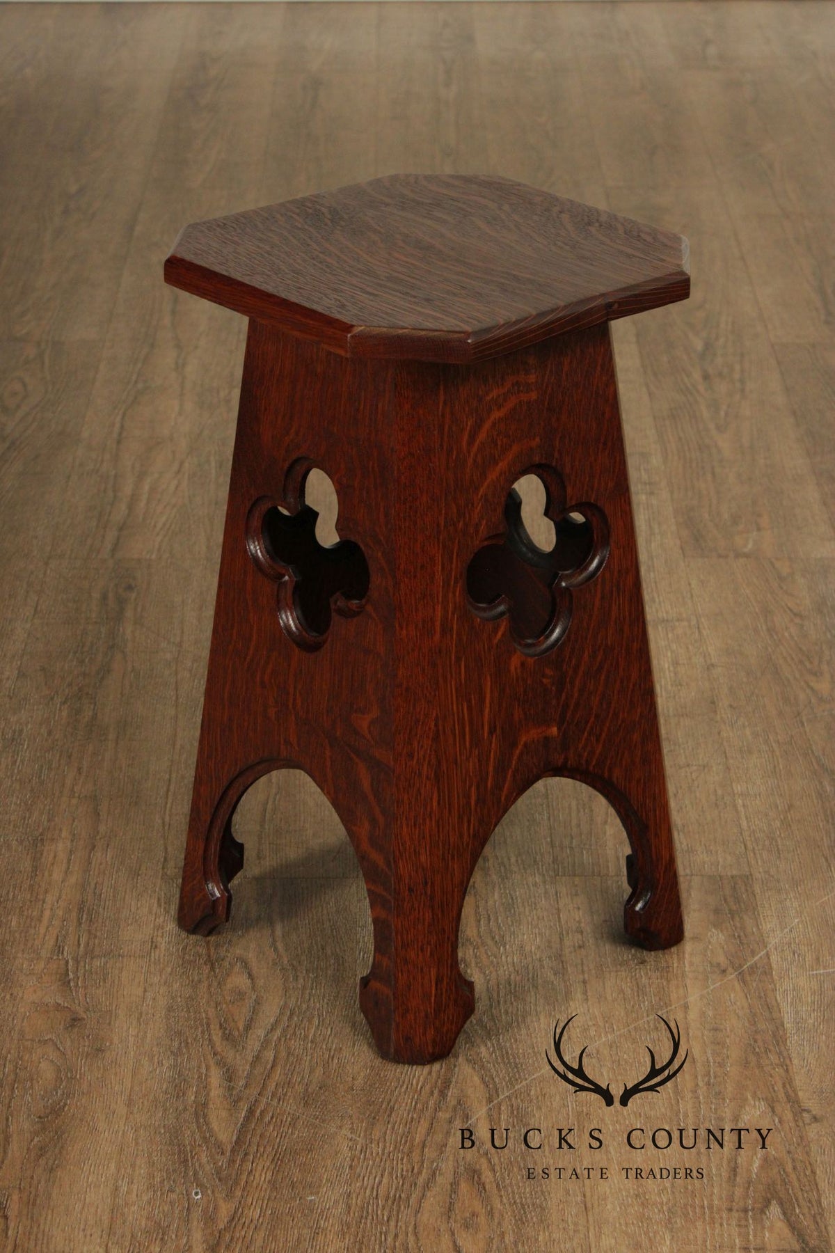 Arts and Crafts Antique Pair of Oak Cut-Out Taboret Side Tables