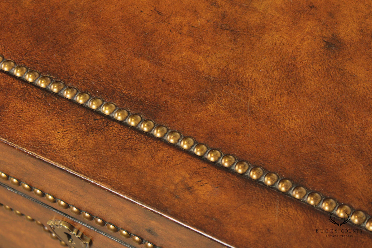 Marge Carson Campaign Style Leather Wrapped Nail Trim Coffee Table