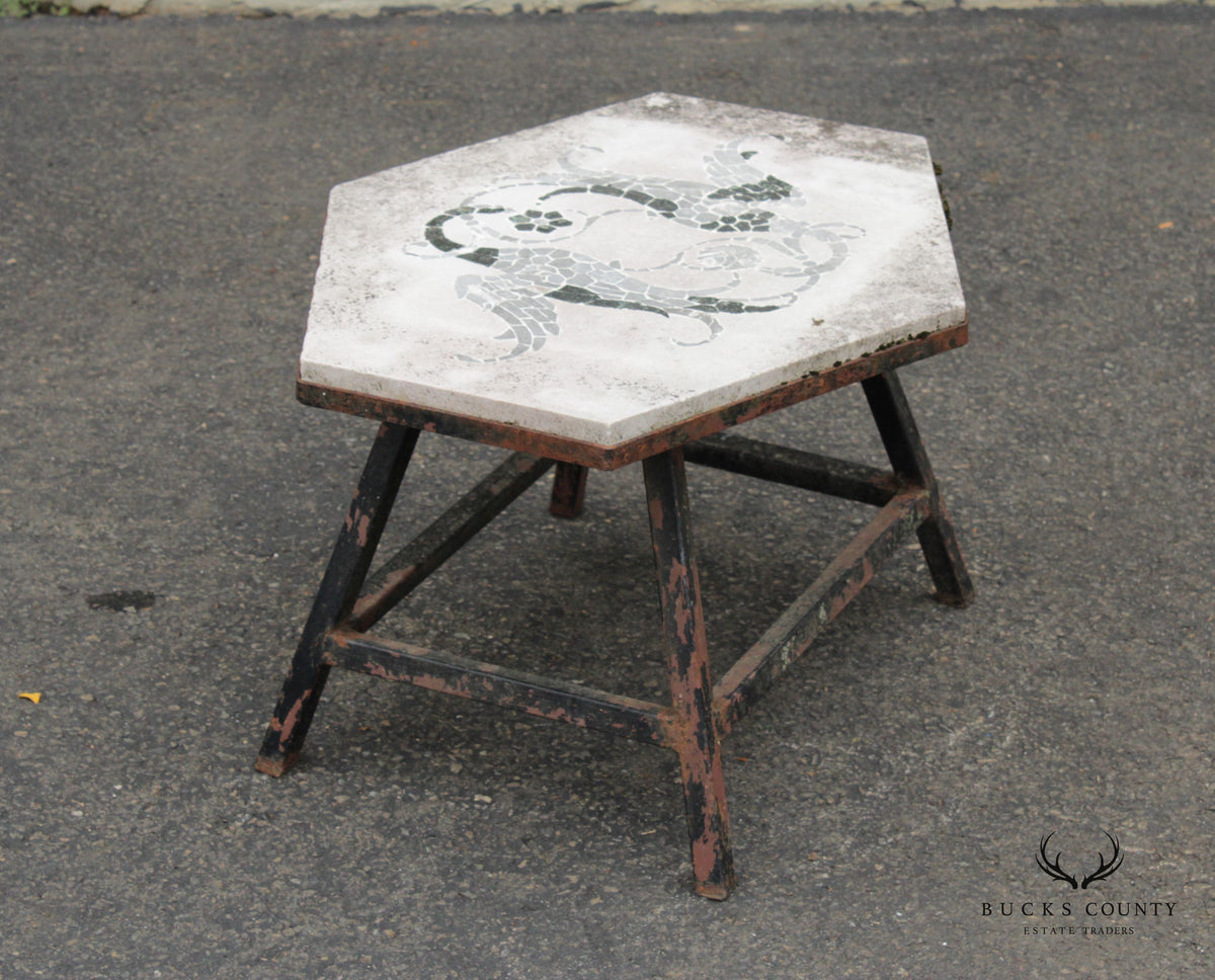 Vintage Iron and Mosaic Stone Outdoor Garden Side Table