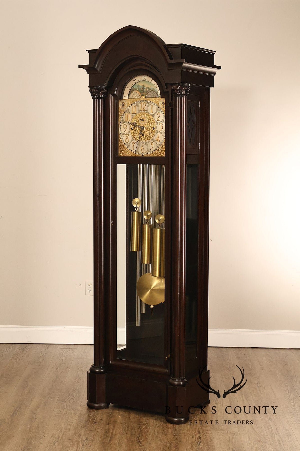 American Chime Clock Co Nine Tube Grandfather Clock with Moon Dial and Westminster Chime Movement