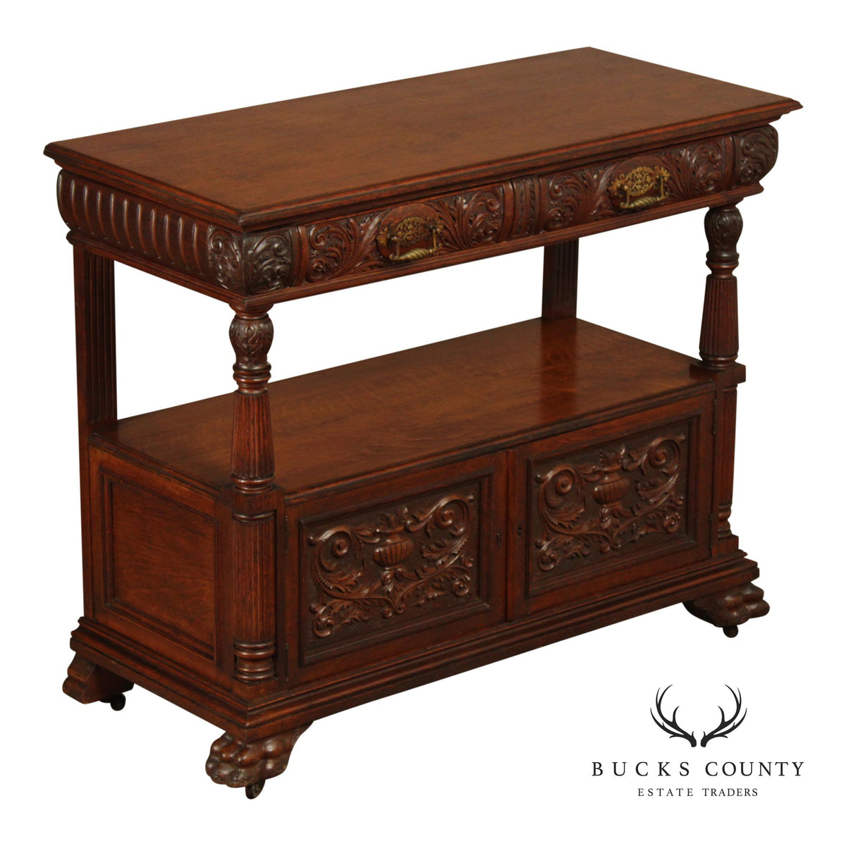 Antique Carved Oak Server Cabinet In The Manner Of R. J. Horner