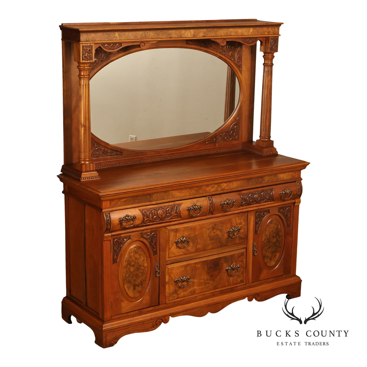 Antique Mirrored Burl Walnut Buffet Sideboard