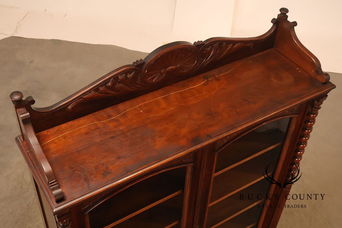 Antique Victorian Carved Walnut and Glass Bookcase