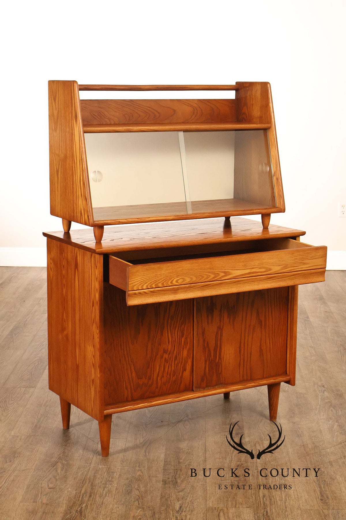 Mid Century Modern Two-Piece Oak and Glass China Cabinet