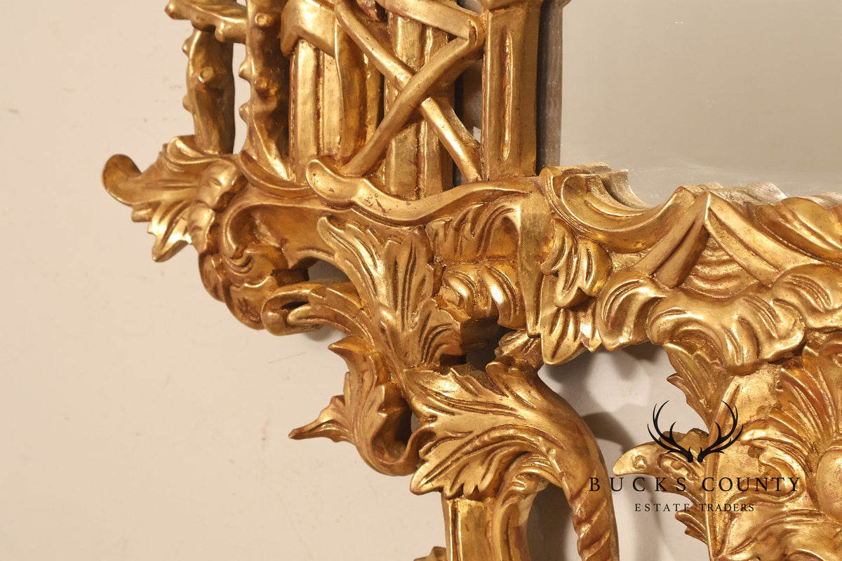 Italian Giltwood Rococo Style Wall Mirror with Floral Carved Frame