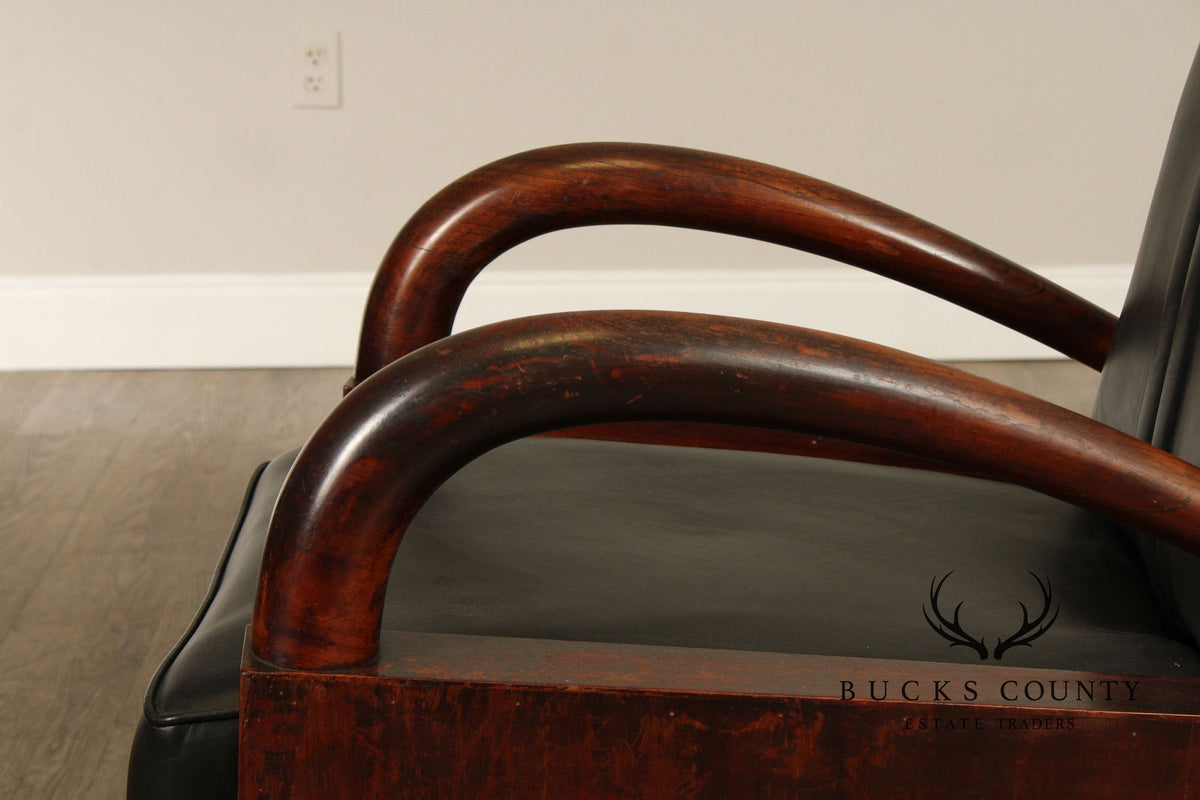 Art Deco Pair Of Streamline Moderne Rosewood And Black Leather Lounge Chairs