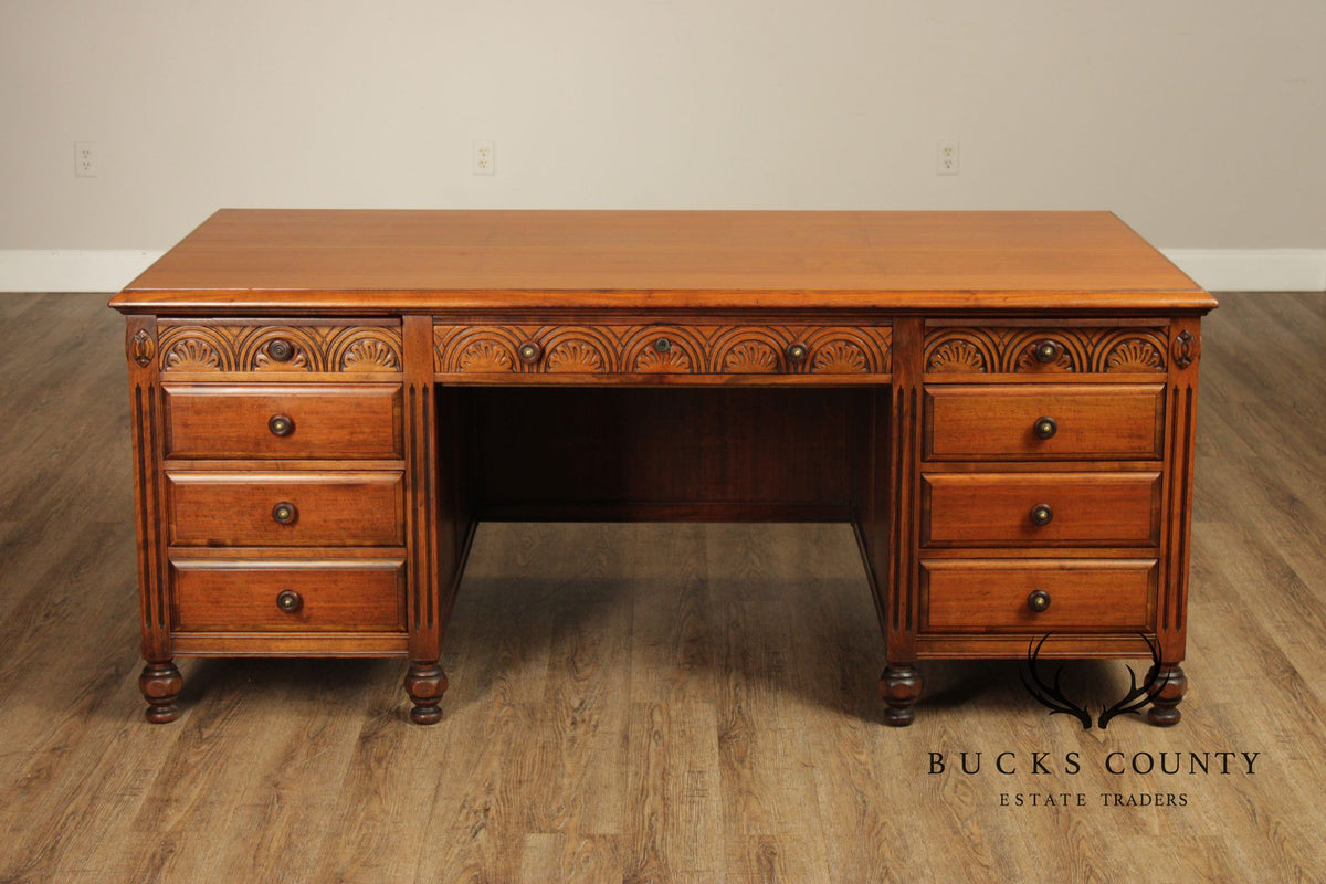 1930 Walnut Carved Pedestal Executive Desk with Pull-Out Writing Slides