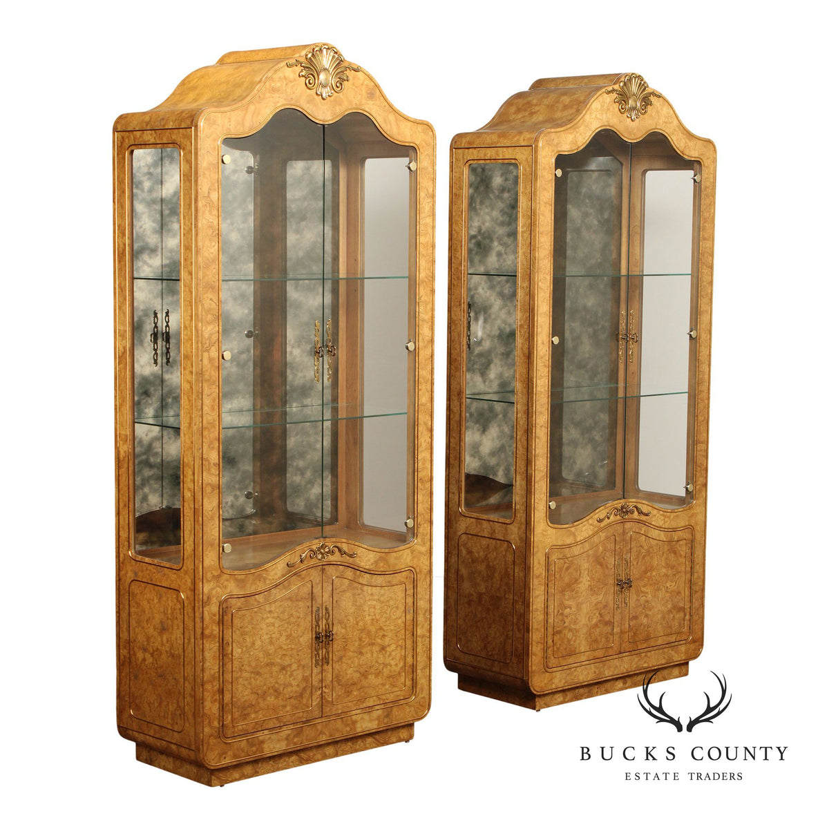 Mastercraft French Style Pair Of Burl Wood Display Cabinets