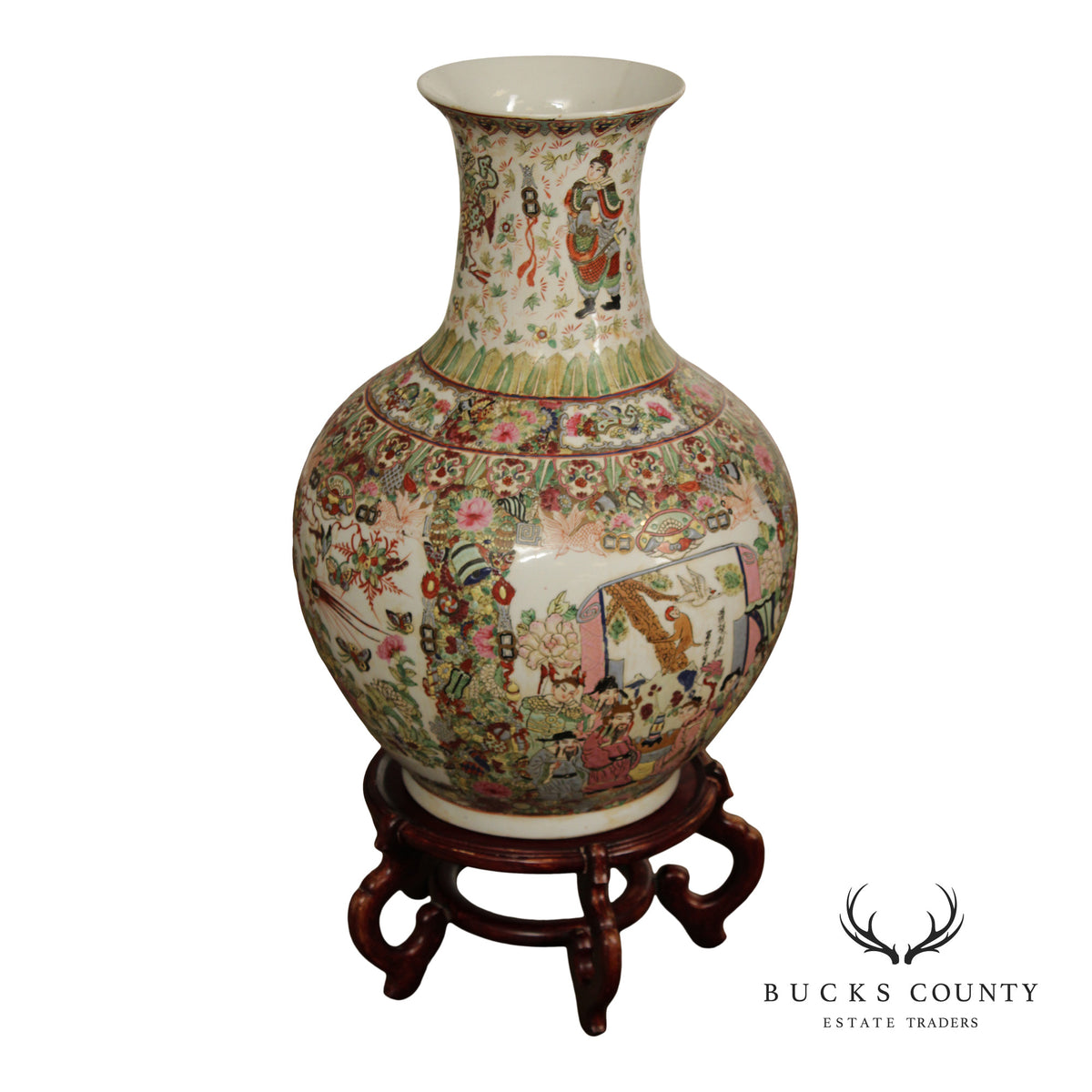 Chinese Rose Medallion Porcelain Palace Floor Vase on Stand