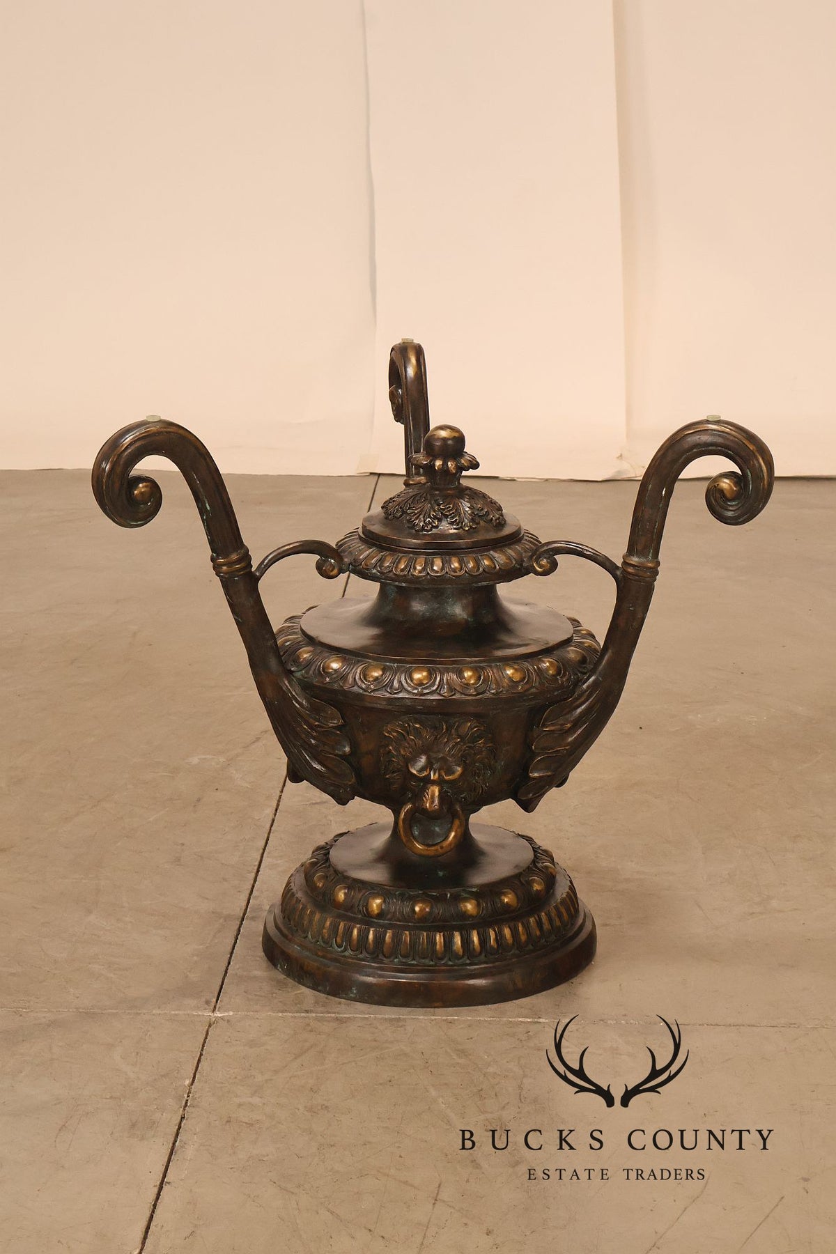Monumental Brass Urn Form  Double Pedestal Glass Top Dining Table