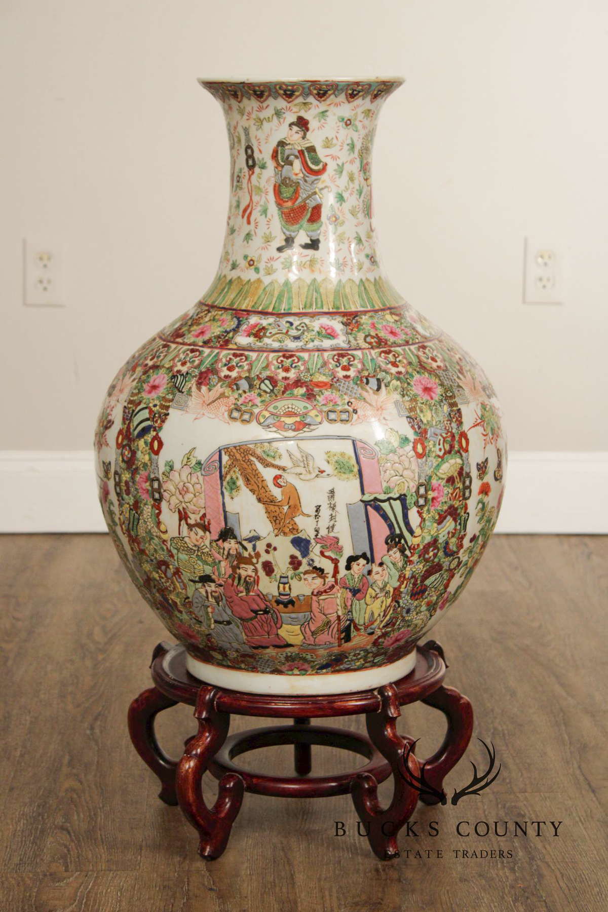 Chinese Rose Medallion Porcelain Palace Floor Vase on Stand