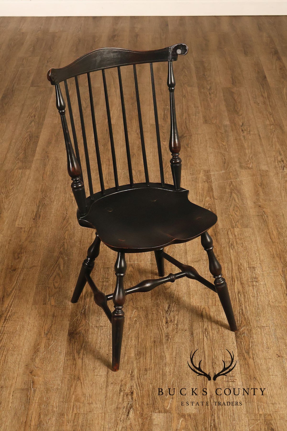 Custom Set Of Four Black Over Red Painted Fan Back Windsor Dining Chairs