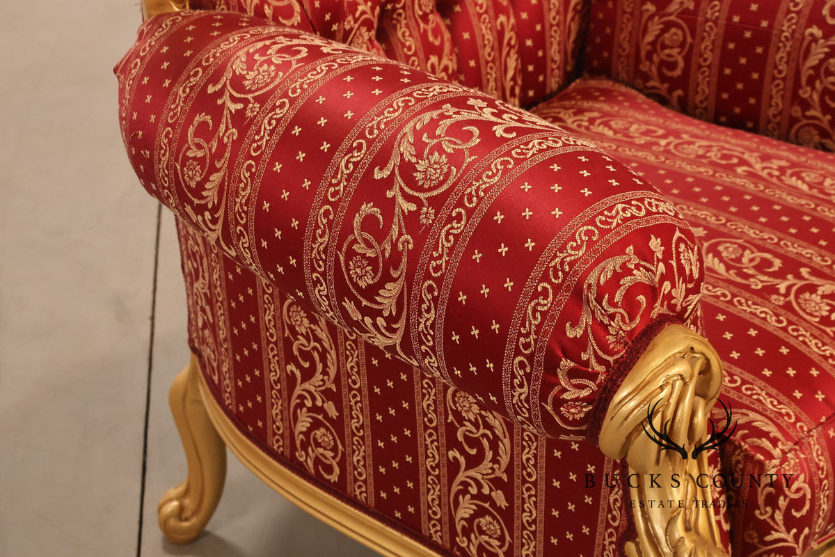 Baroque Style Pair Of Giltwood Armchairs With Red Damask Upholstery