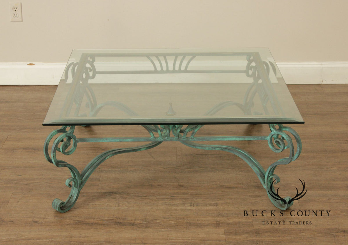 Baroque Style Glass Top Wrought Iron Coffee Table