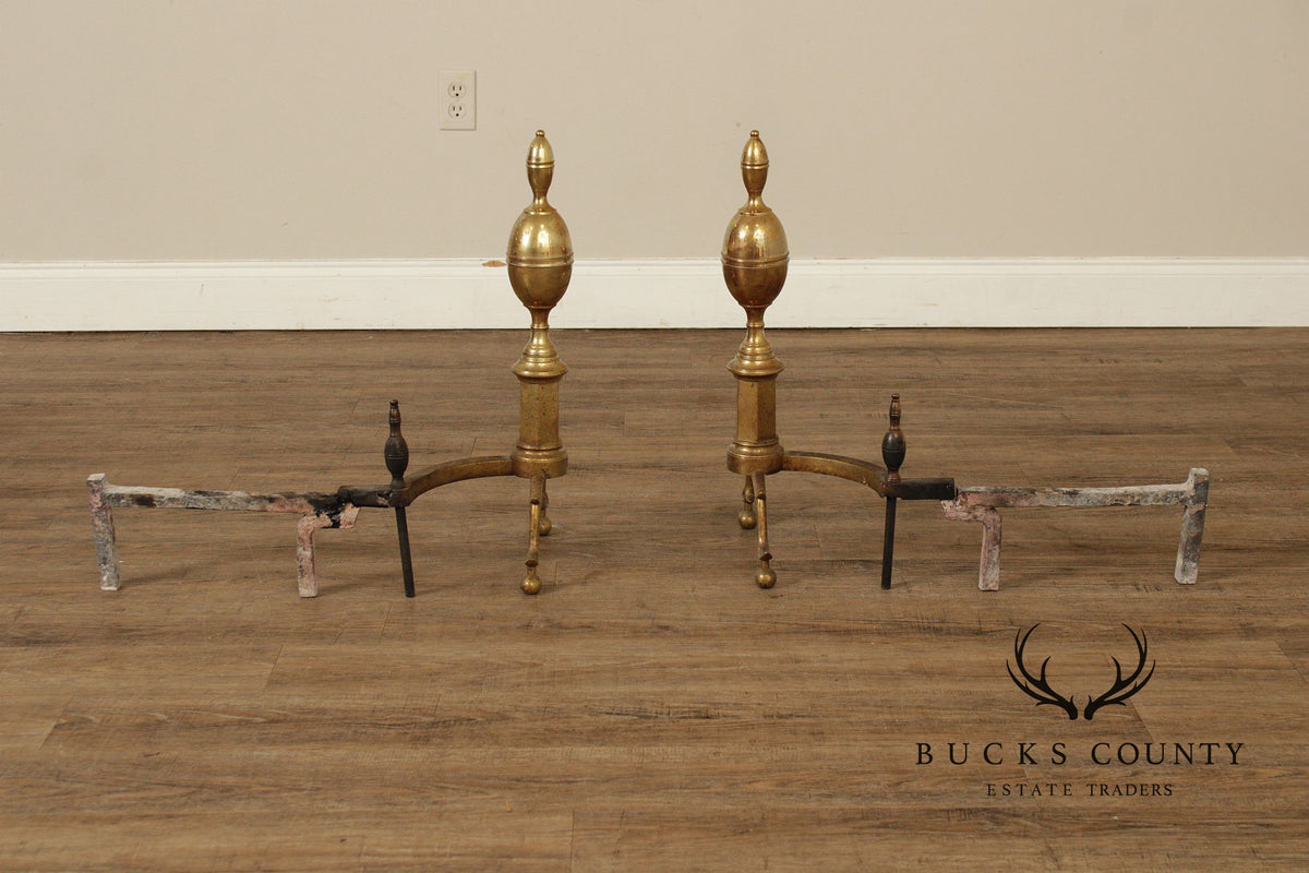 Vintage Federal Style Pair of Brass Andirons