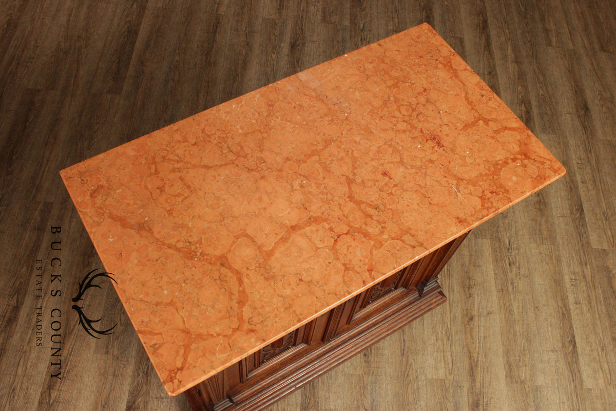 Antique German Renaissance Revival Carved Oak Marble Top Cabinet