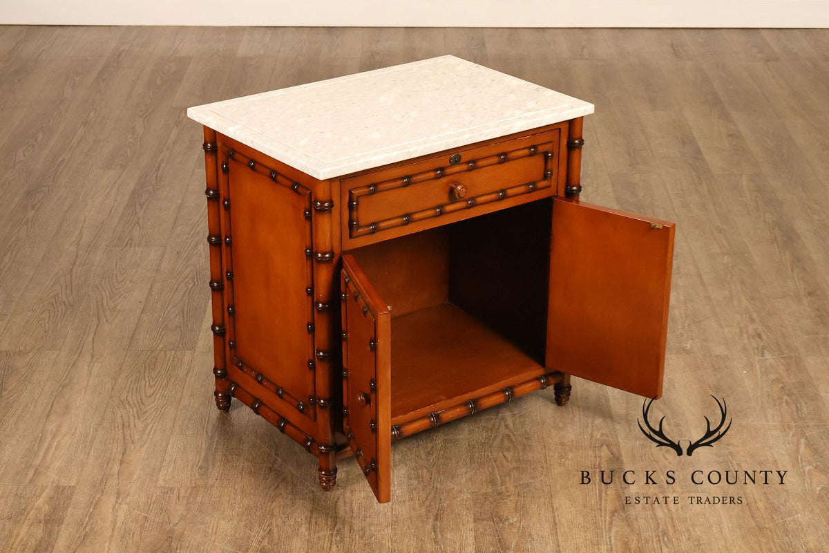 Williams Sonoma Pair of Marble Top Faux Bamboo Nightstands